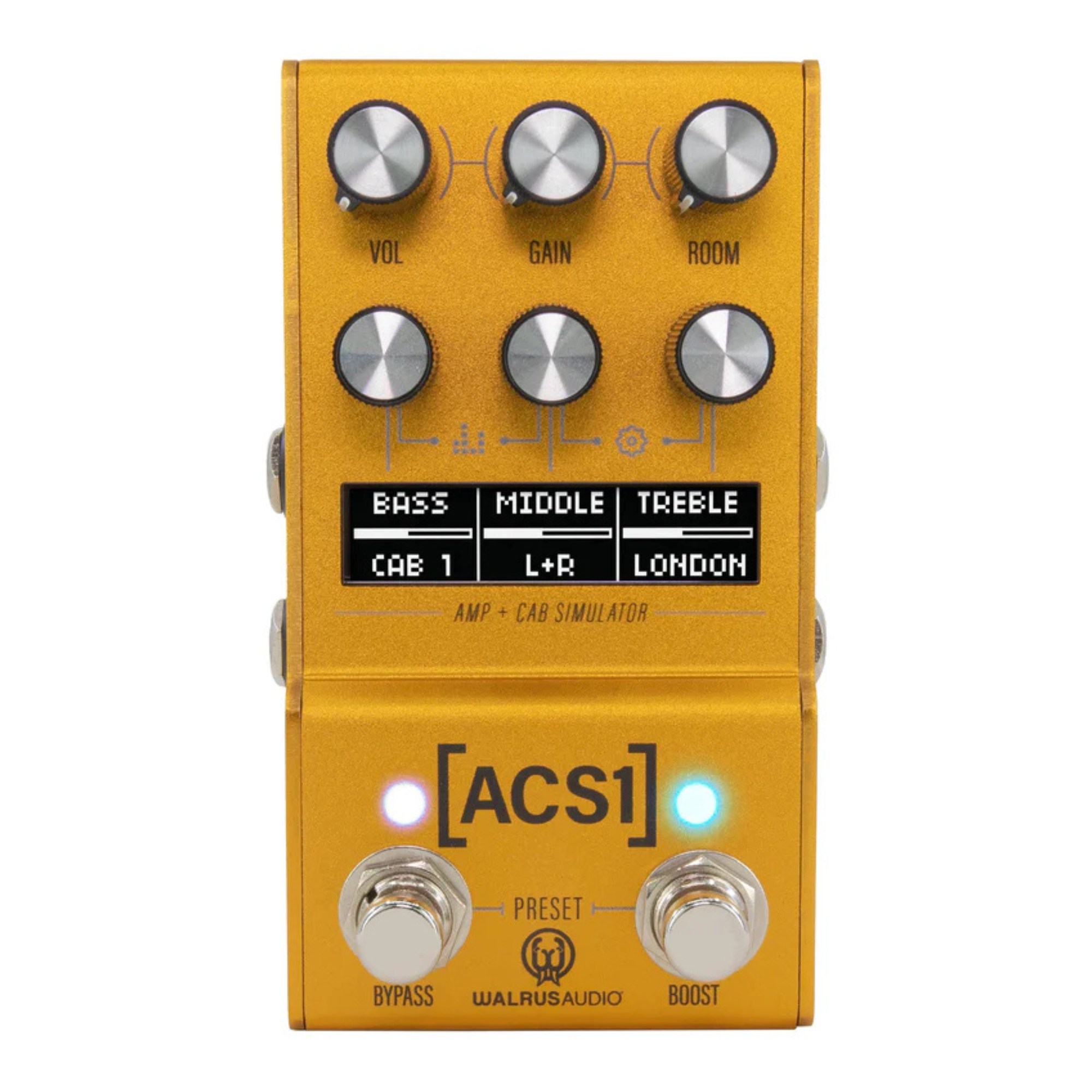 Walrus Audio Mako Series MKII ACS1 amp and cab simulator effects pedal, showing controls and input/output jacks on a white background.