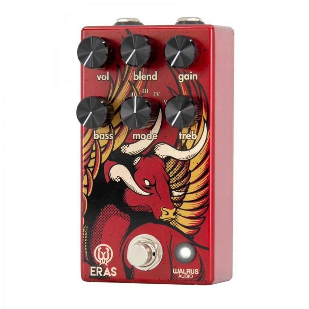 Walrus Audio Eras Five State Distortion Effects Pedal showing the compact black pedal with control knobs and input/output jacks