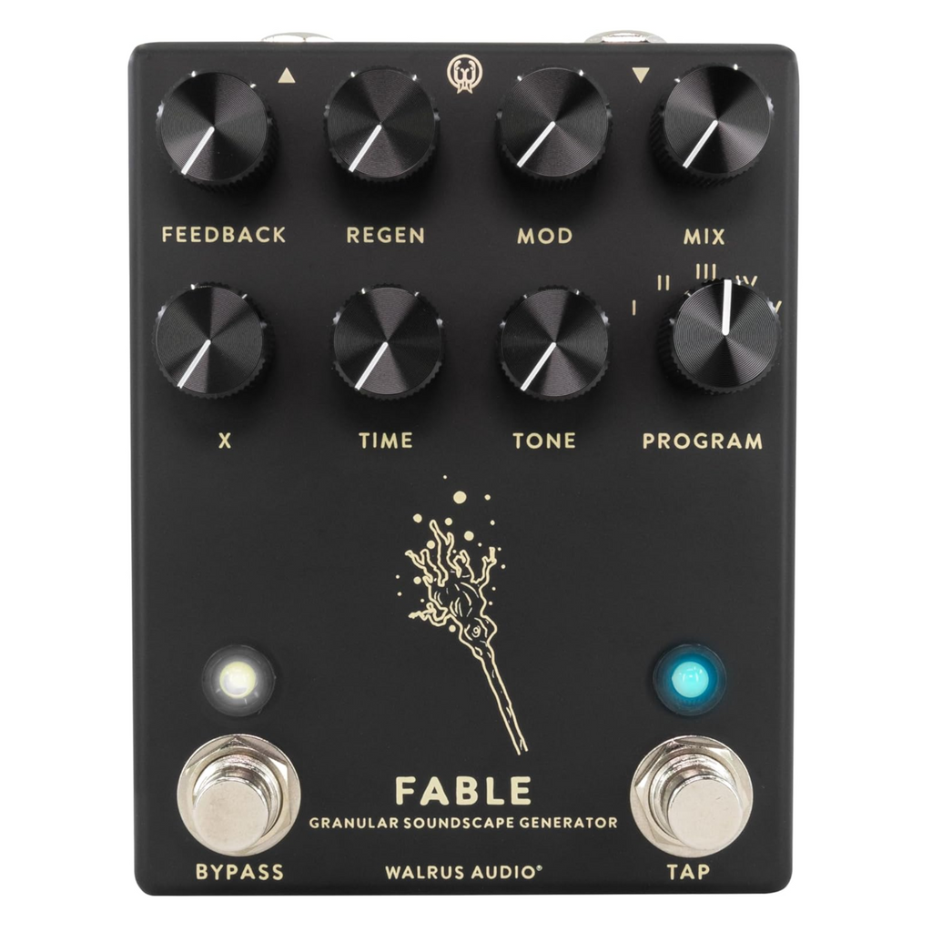Walrus Audio Fable granular soundscape effects pedal in black, showing controls and sleek design for ambient sound creation.