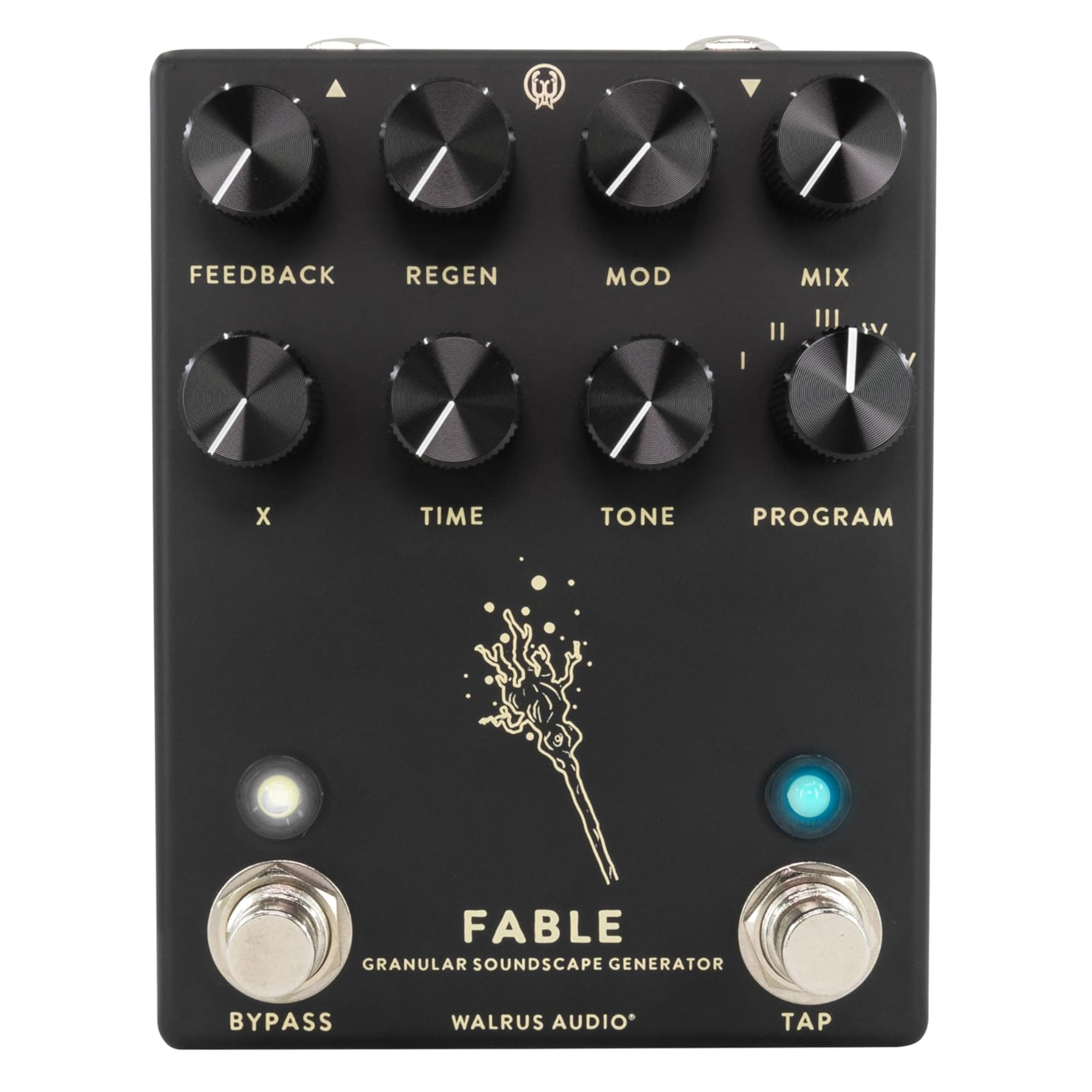 Walrus Audio Fable granular soundscape effects pedal in black, showing controls and sleek design for ambient sound creation.
