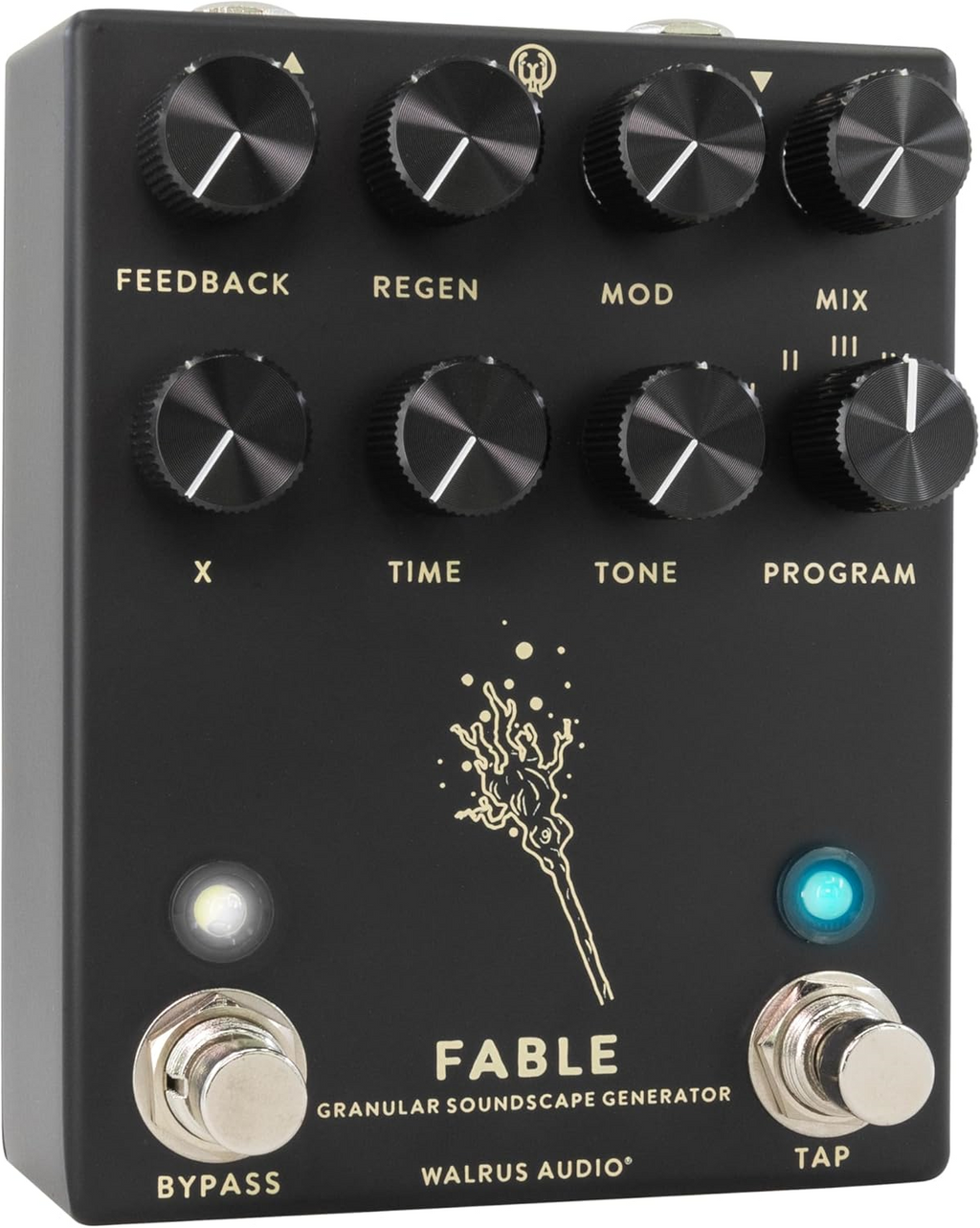 Walrus Audio Fable granular soundscape generator effects pedal in black showing knobs and input jack on a black background.