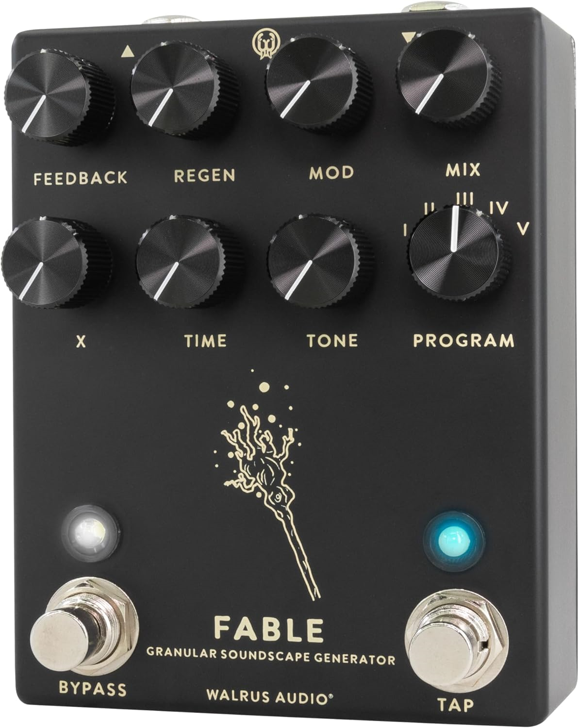 Walrus Audio Fable Granular Soundscape Generator effects pedal in black, featuring knobs and input/output jacks on a dark pedal surface.