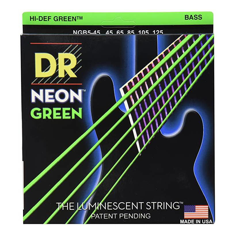 DR Strings NGB5-45 Hi-Def Neon Green Colored 5-String Medium 45-125 Bass Guitar String Set