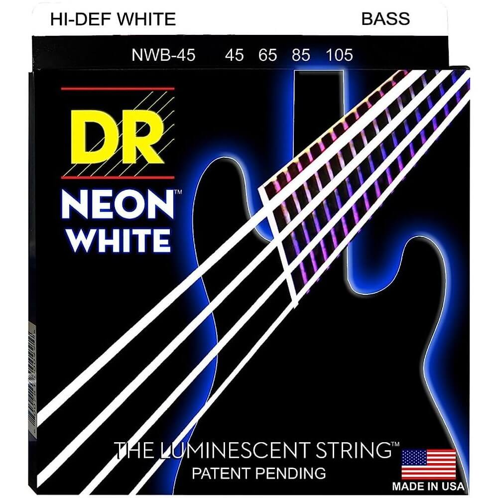 DR NEON NWB-45 medium coated bass string set by DR Strings, with white nylon coating and 45-105 gauge for electric bass.