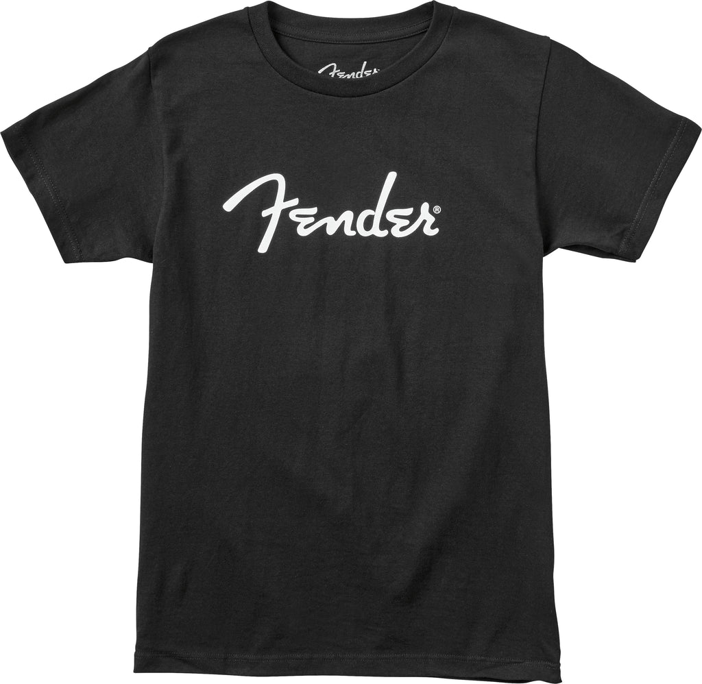 Black Fender Spaghetti Logo T-Shirt for guitar enthusiasts, featuring the iconic Fender GMI logo, in small size.