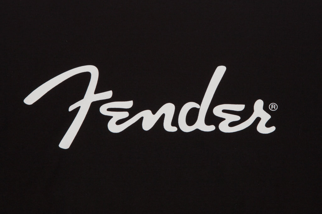 Black Fender Spaghetti Logo T-Shirt for guitar enthusiasts, featuring the iconic Fender logo in a stylish design.