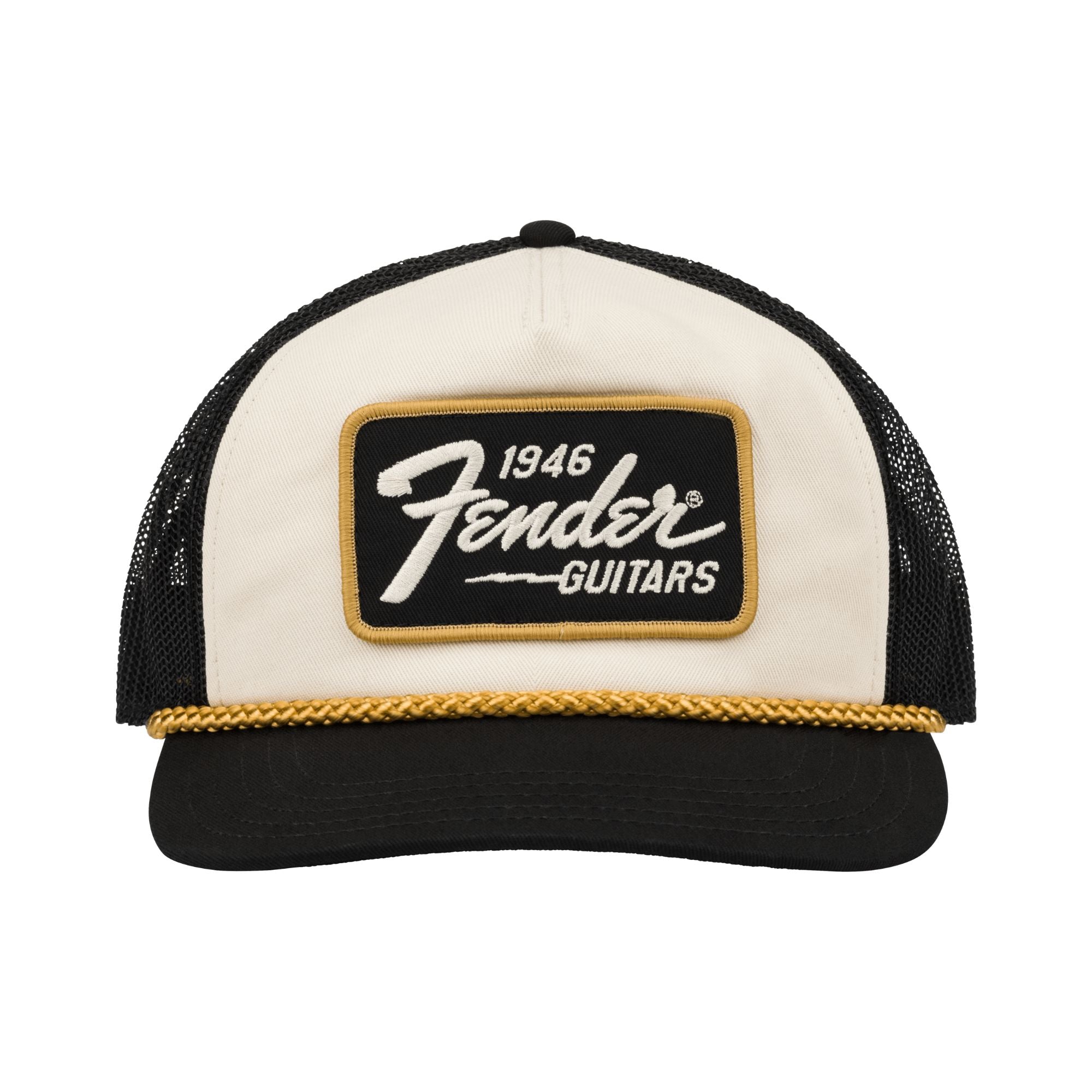 Fender 1946 Gold Braid Guitar GMI hat in cream and black, featuring gold braid detailing and a classic style.