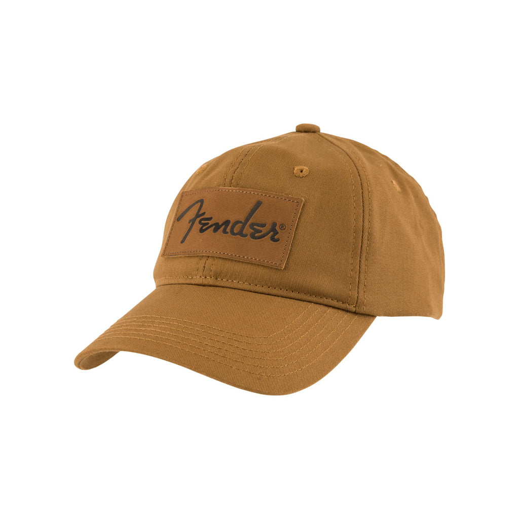 Fender Vintage Badge Hat in caramel color, featuring a classic guitar logo patch, casual accessory for music enthusiasts.