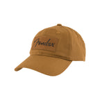 Fender Vintage Badge Hat in caramel color, featuring a classic guitar logo patch, casual accessory for music enthusiasts.