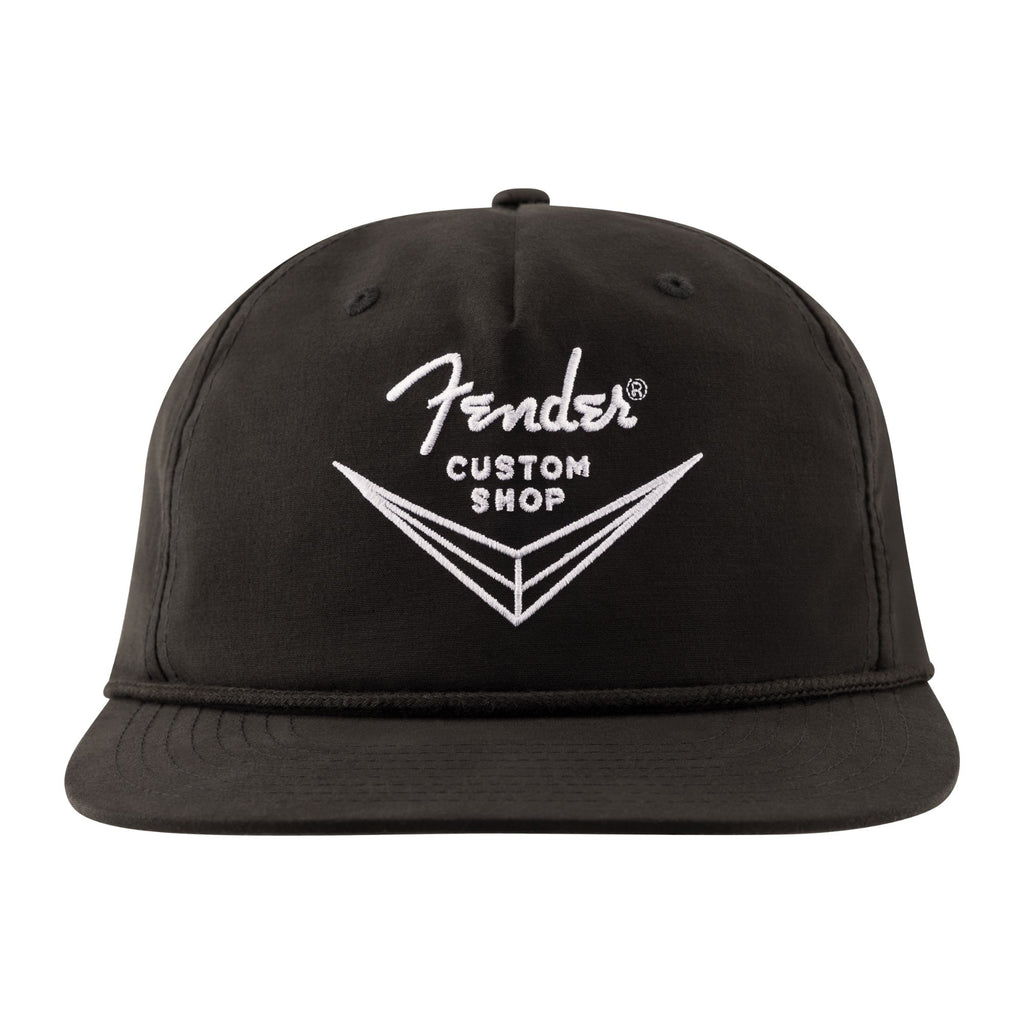 Black Fender Custom Shop Logo Hat with guitar-themed design, one size fits all, featuring the Fender brand logo.