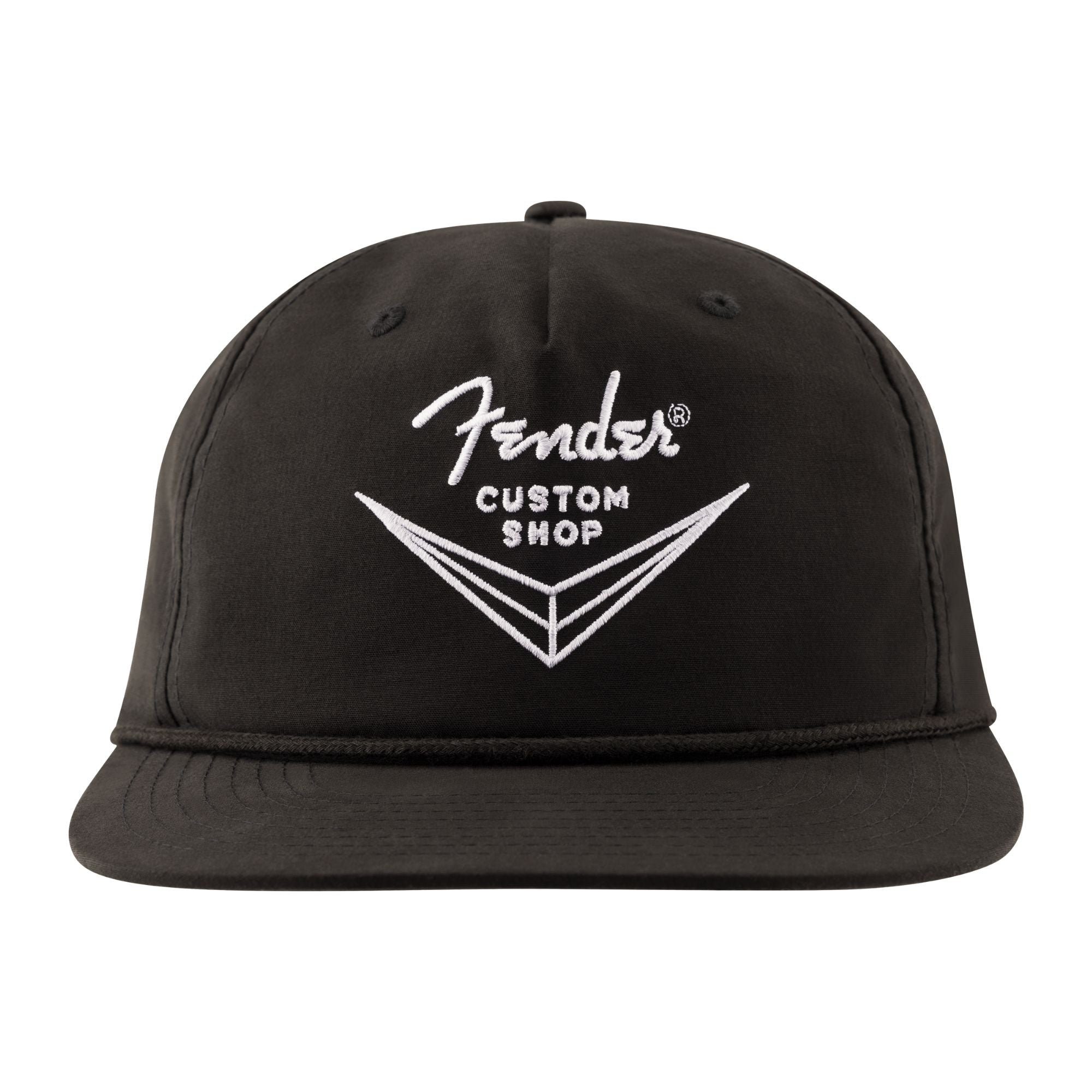 Black Fender Custom Shop Logo Hat with guitar-themed design, one size fits all, featuring the Fender brand logo.