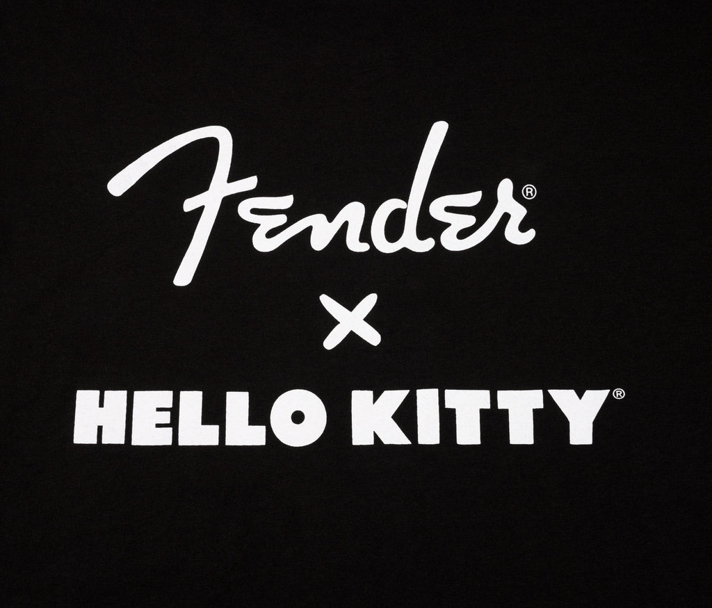 Fender Hello Kitty Sm Front Hit Logo Tee in black, size medium, featuring a playful Hello Kitty graphic on a casual T-shirt.