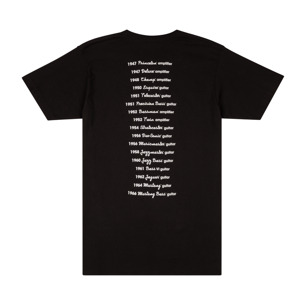 Black Fender Logo Date Back T-shirt in size small, featuring the Fender brand logo on the front, casual gift and novelty apparel