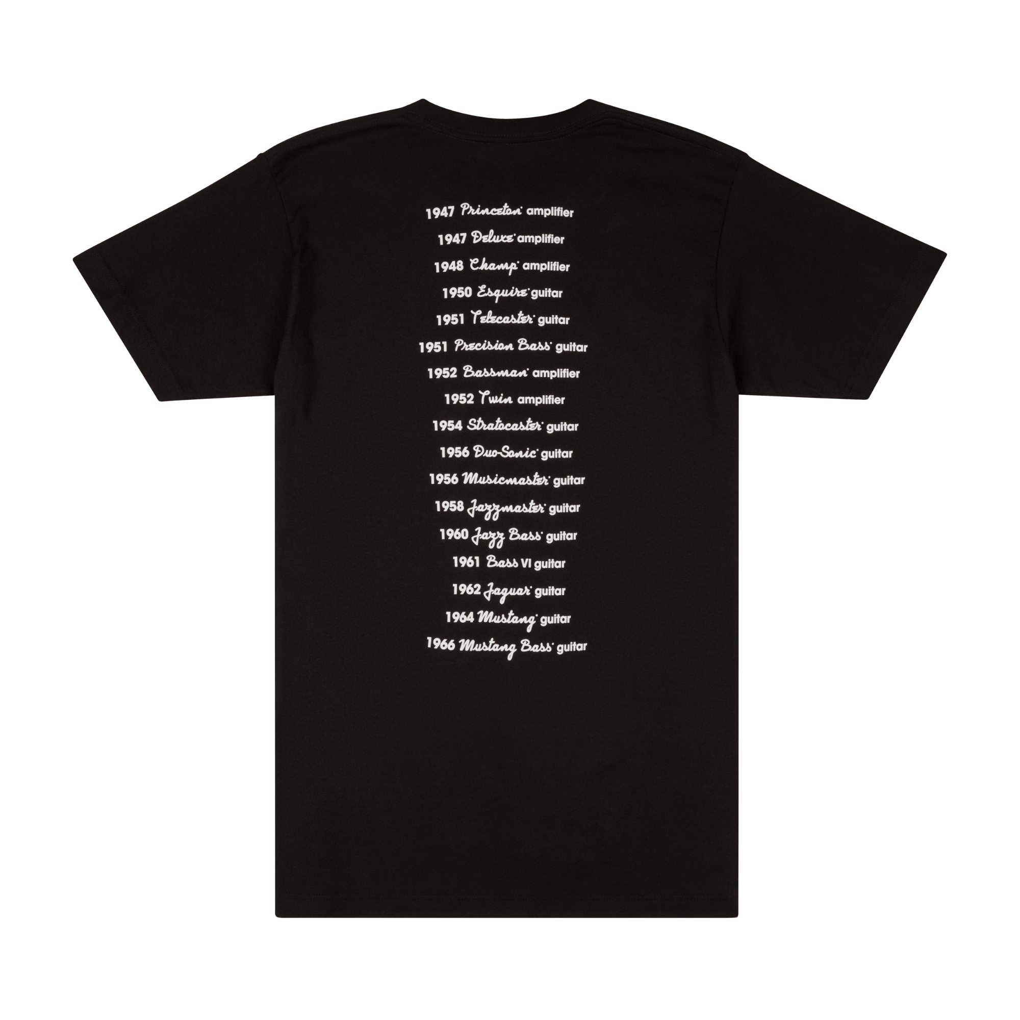 Black Fender Logo Date Back T-shirt in size small, featuring the Fender brand logo on the front, casual gift and novelty apparel