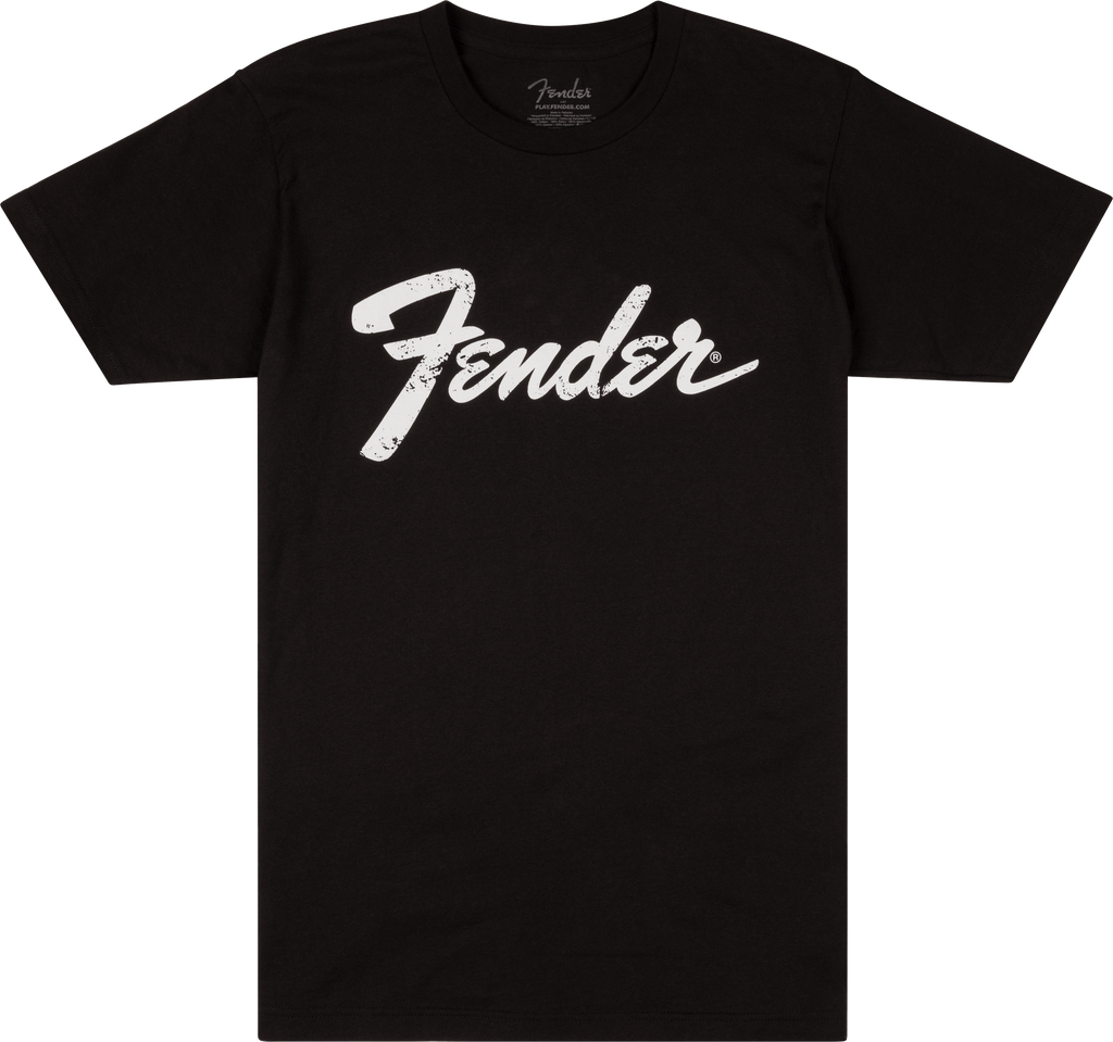 Black Fender Logo Date Back T-shirt for men, featuring the Fender brand logo on the front, size small, casual gift or novelty item.