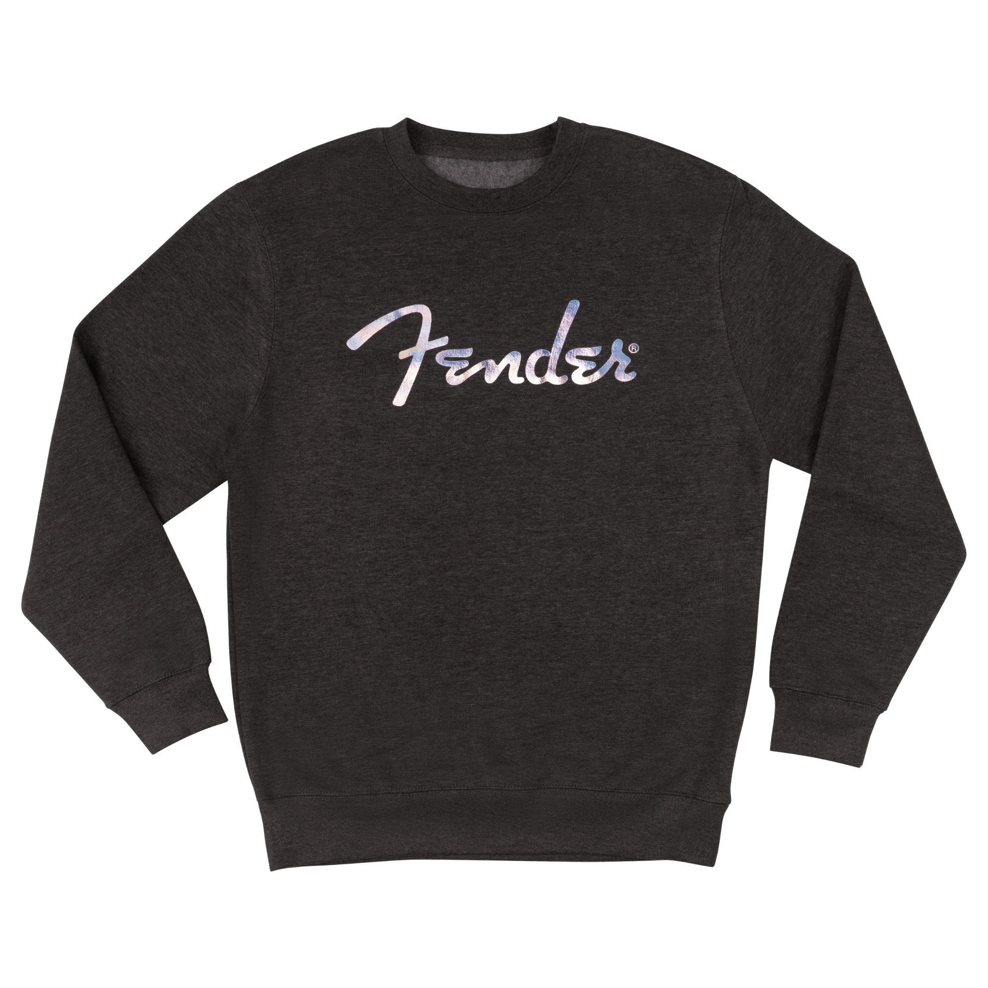 Fender Galaxy Logo Sweatshirt in charcoal heather, size M, featuring a guitar-themed design and Fender branding.