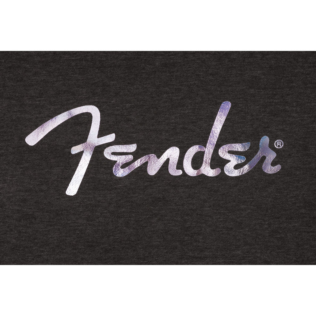 Fender Galaxy Logo Sweatshirt in Charcoal Heather, size Medium, featuring a guitar-themed Fender logo design on the front.
