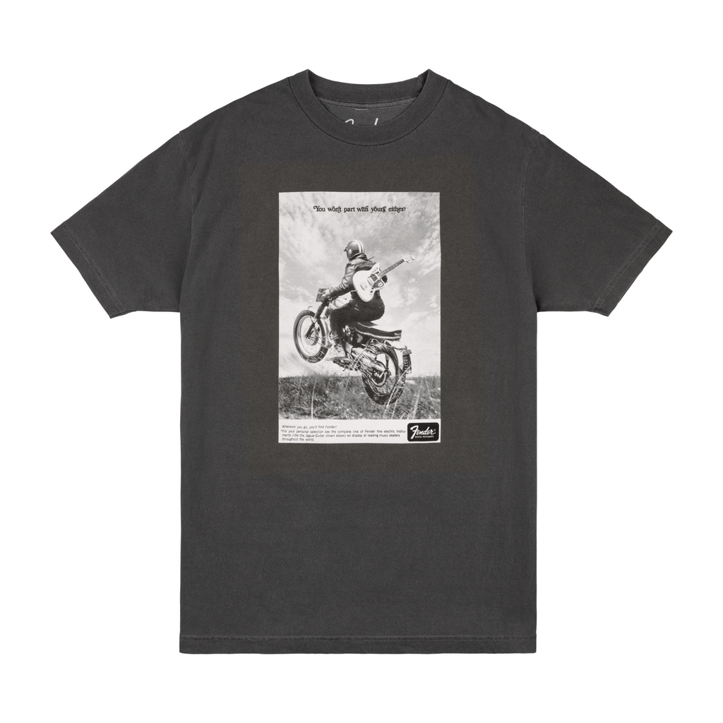 Fender Vintage Ad Biker T-Shirt in graphite color, featuring guitar-themed graphic design, size large, casual unisex fit.