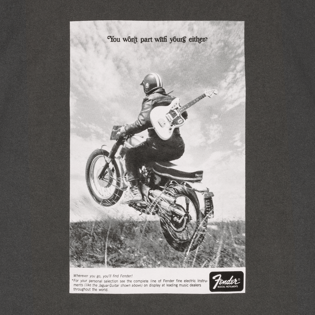 Fender Vintage Ad Biker T-Shirt in graphite color, featuring guitar-themed graphic design, size large, made by Fender.