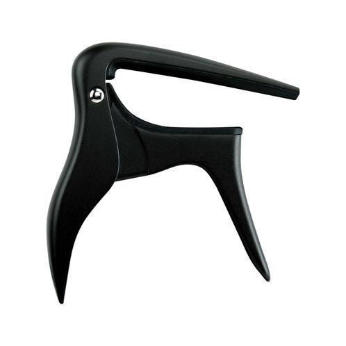 Ibanez ICC10 classical guitar capo in matte black, showing a close-up of the capo clamped on guitar neck.