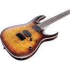 Ibanez RGA42FM archtop electric guitar in Dragon Eye Burst finish, showcasing sleek body, pickups, and detailed fretboard.