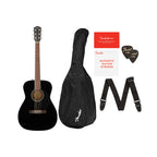 Fender CC-60S Concert Pack acoustic guitar in black with accessories, ideal for beginners and guitar enthusiasts.