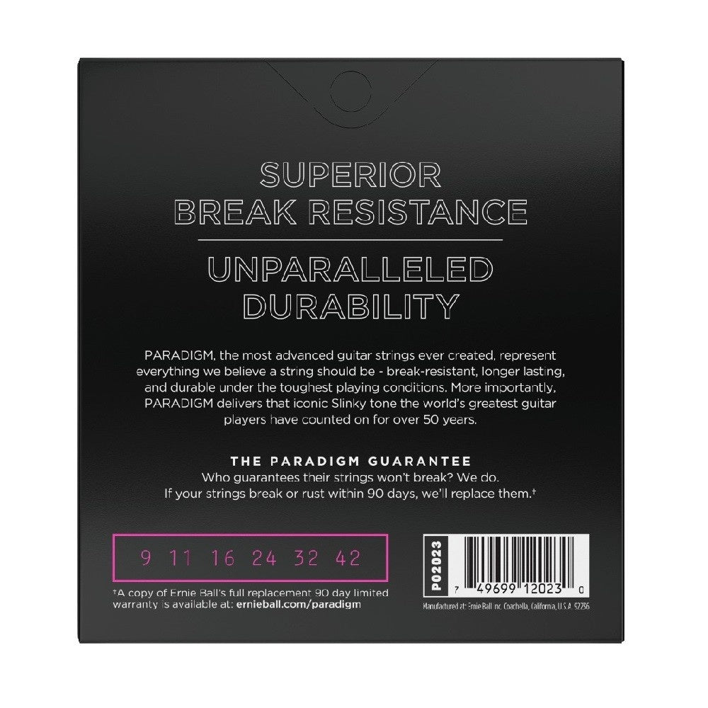 Ernie Ball Paradigm Super Slinky electric guitar strings, 2023 model, shown in packaging with metal winding and branding.