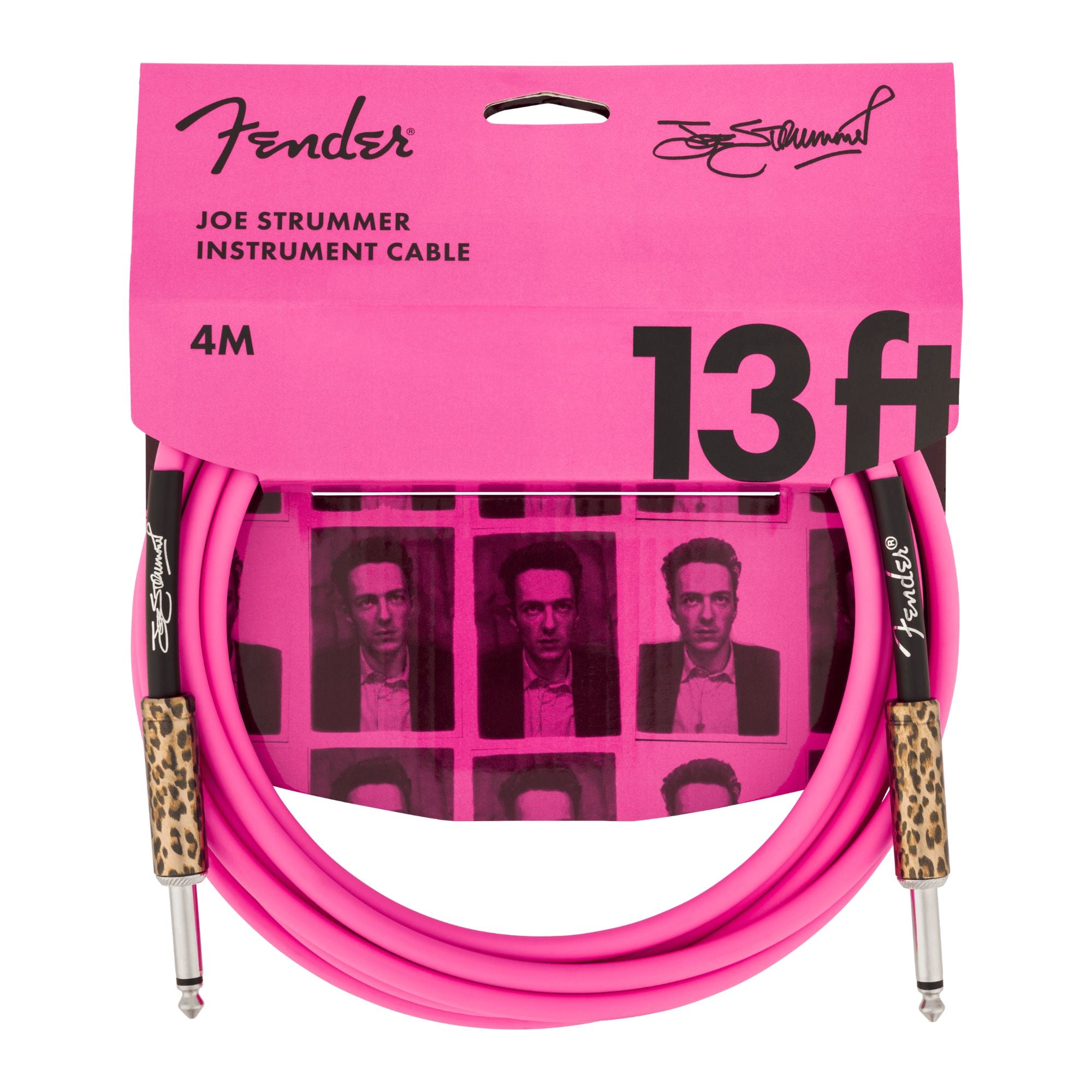 Fender Joe Strummer 13-foot pink leopard guitar cable, instrument lead with colorful design and durable connectors.
