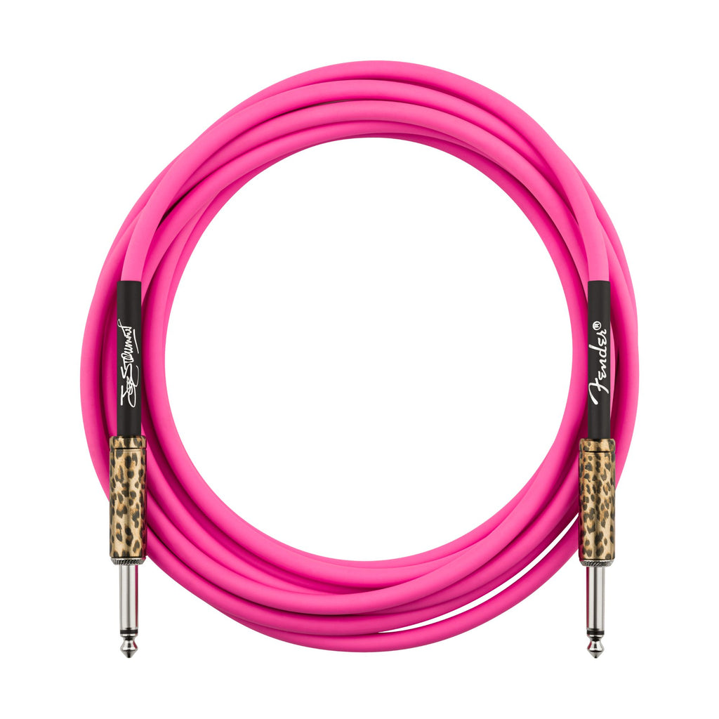 Fender Joe Strummer 13' pink leopard guitar cable for electric guitars, featuring colorful leopard print design.
