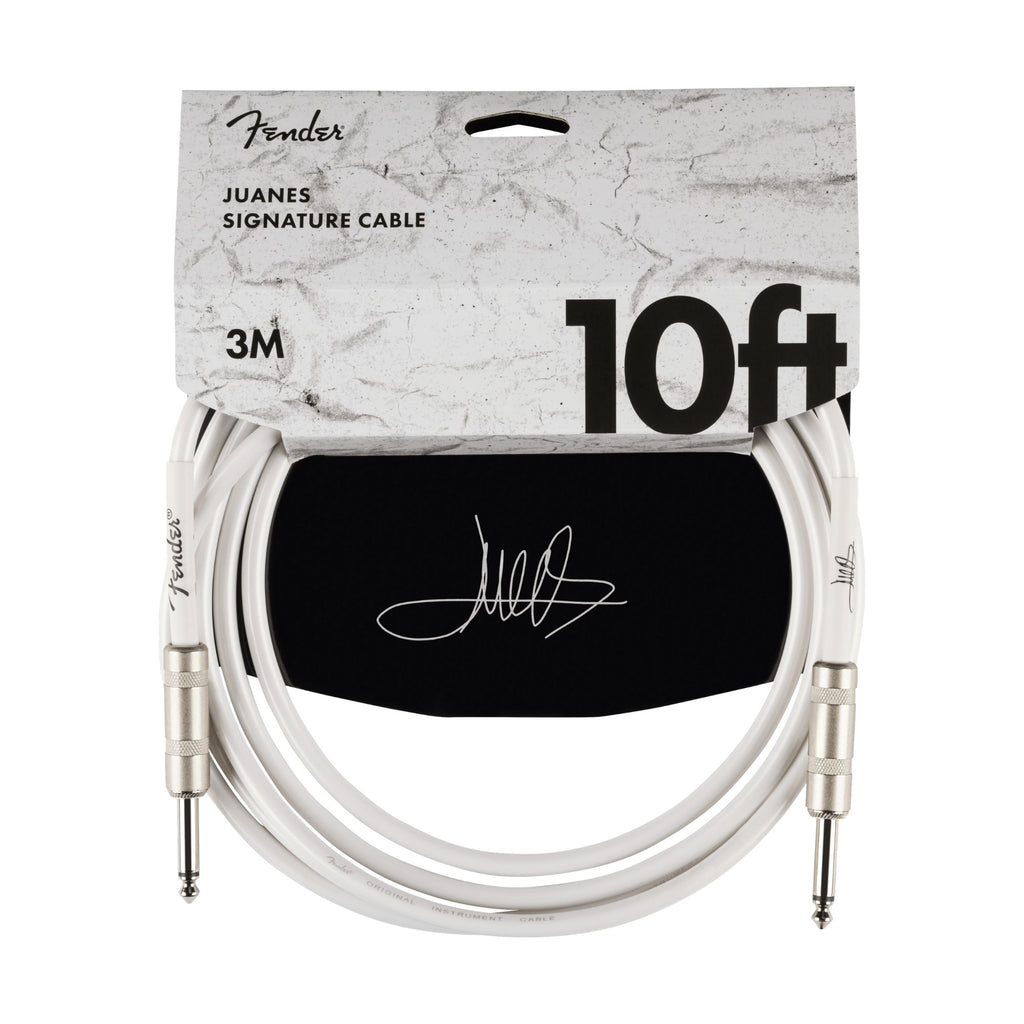 Fender Juanes 10-foot guitar instrument cable in Luna White, showing the white connector and flexible cable for musical instrument use.