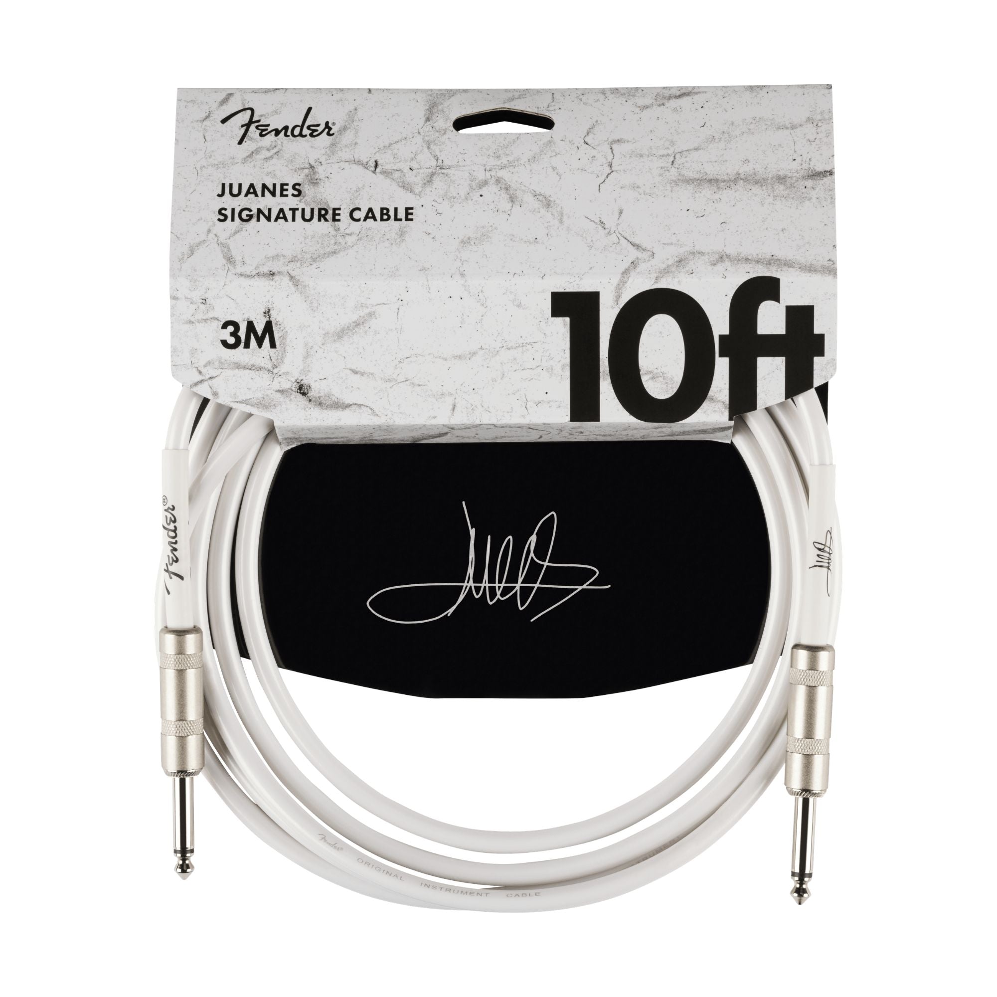 Fender Juanes 10-foot guitar instrument cable in Luna White, showing the white connector and flexible cable for musical instrument use.
