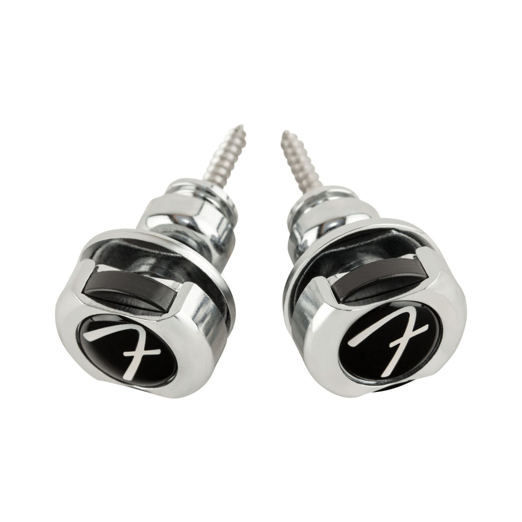 Chrome Fender Infinity Strap Locks for guitars, metal strap lock system with secure locking mechanism and adjustable strap length.