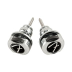 Chrome Fender Infinity Strap Locks for guitars, metal strap lock system with secure locking mechanism and adjustable strap length.