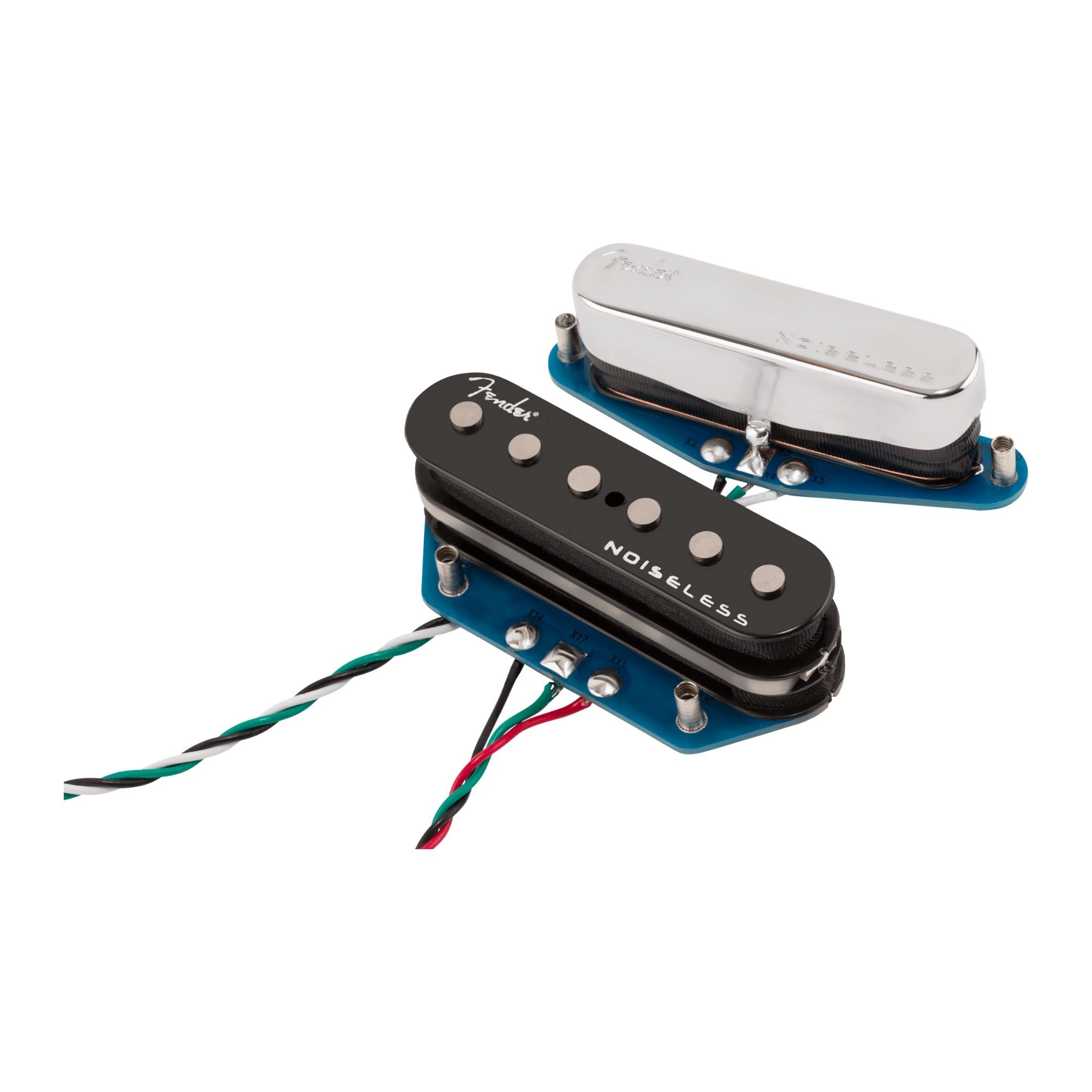 Fender Ultra Noiseless Vintage Telecaster pickups set showing two black telecaster-style guitar pickups with mounting hardware.