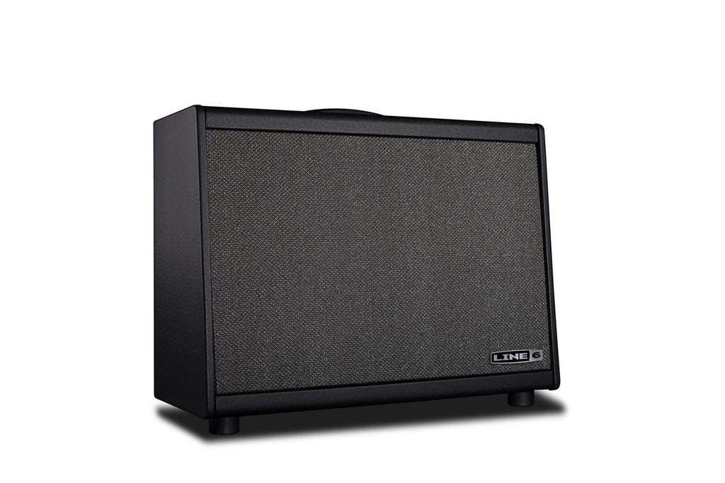 Line 6 Powercab 112 guitar amplifier speaker cabinet with black grille and control panel, designed for electric guitar amplification.