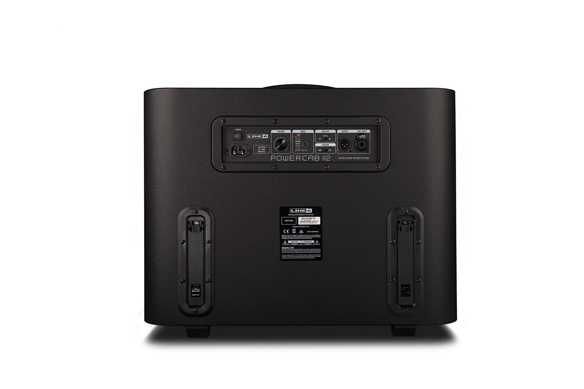 Line 6 Powercab 112 guitar amplifier speaker cabinet with black finish and control panel, designed for guitar amplification.