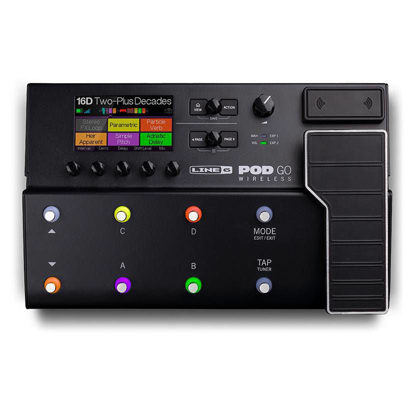 Line 6 POD Go Wireless multi effects processor with G10TII transmitter, showcasing sleek design and intuitive interface.