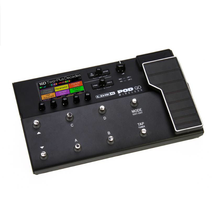 Line 6 POD Go Wireless multi effects processor with G10TII transmitter, featuring a sleek design and intuitive controls.