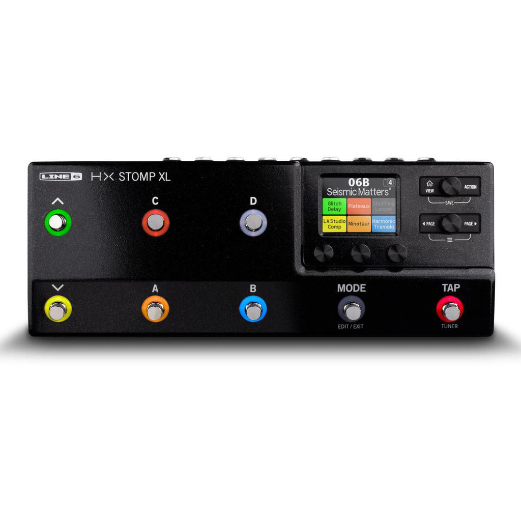 Line 6 HX-STOMP-XL Helix Stomp XL Pro multi-effects processor with various control knobs and colorful display screen.