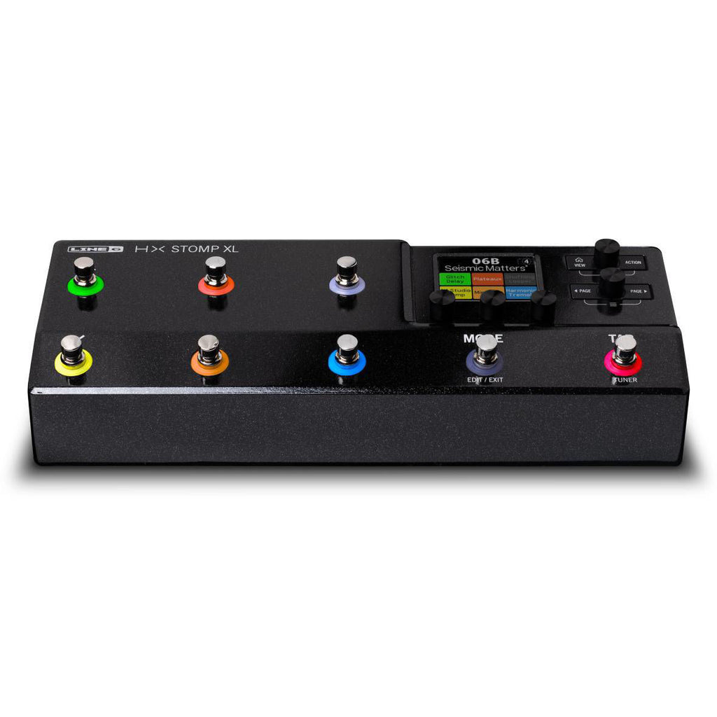 Line 6 HX-STOMP-XL Helix Stomp XL Pro multi-effects processor with footswitches and colorful display screen for guitar effects.