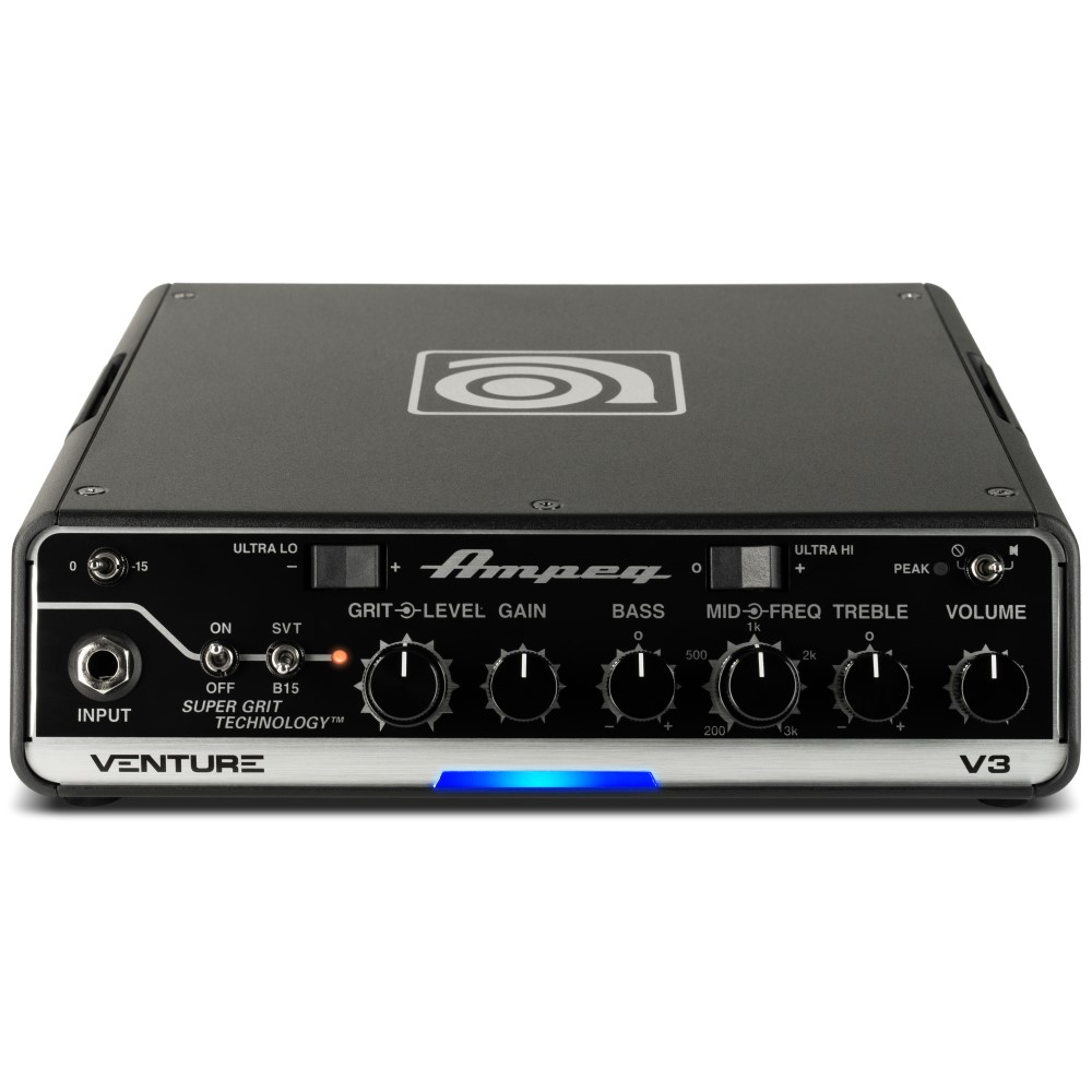 Ampeg Venture V3 300W compact bass amplifier head with control knobs and input jacks, designed for bass guitar amplification.