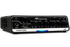Ampeg Venture V3 300W compact bass amplifier head with control knobs and connected cables on a white background.