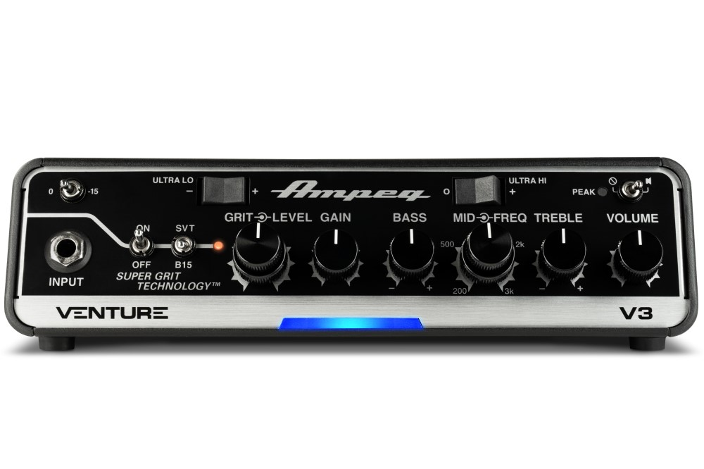 Ampeg Venture V3 300W compact bass amplifier head with control knobs and input jacks, designed for professional bass amplification.