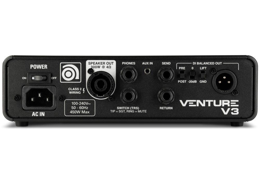 Ampeg Venture V3 300W compact bass amplifier head with control knobs and input jacks on a black metal chassis.