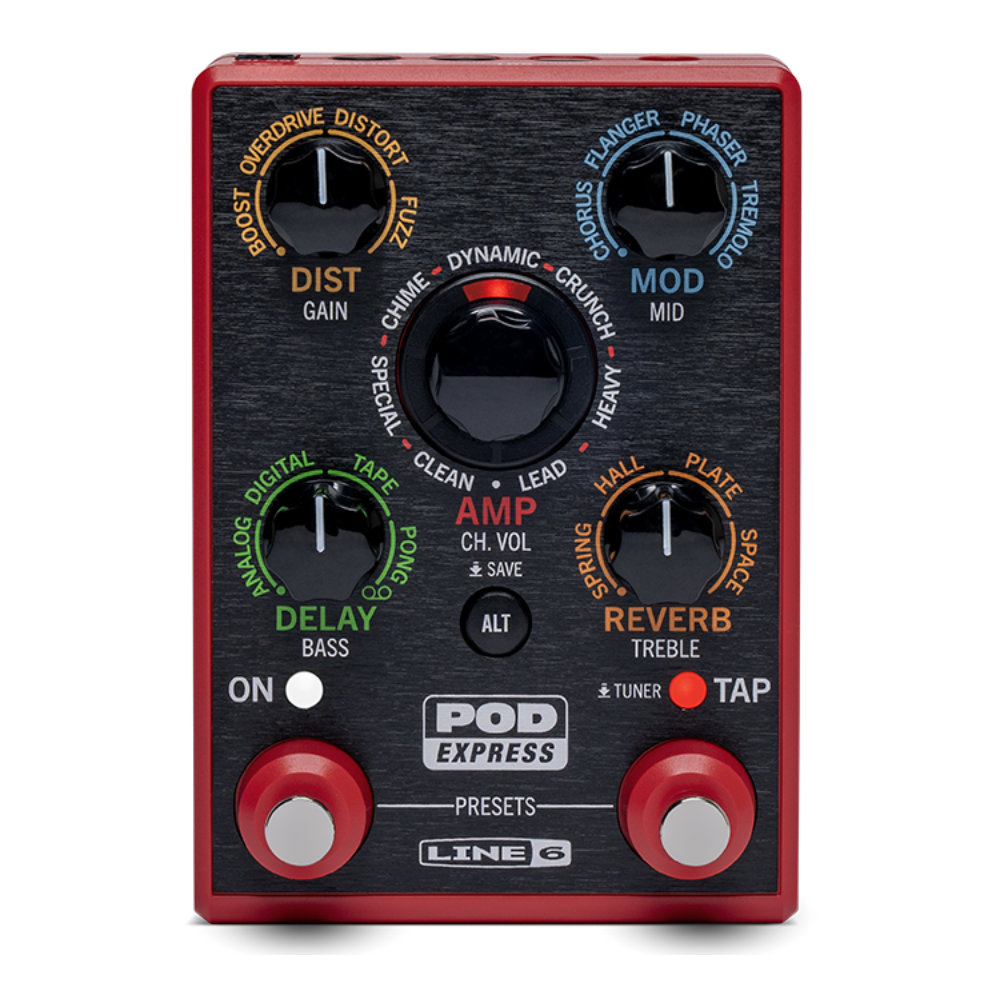 Line 6 POD Express guitar multi-effect pedal with colorful control knobs and input/output jacks visible in the image.