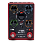 Line 6 POD Express guitar multi-effect pedal with colorful control knobs and input/output jacks visible in the image.