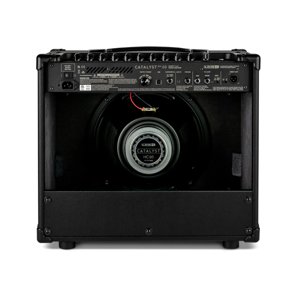 Line 6 Catalyst CX 60 guitar combo amplifier with control knobs and speaker grille, ideal for electric guitar sound amplification