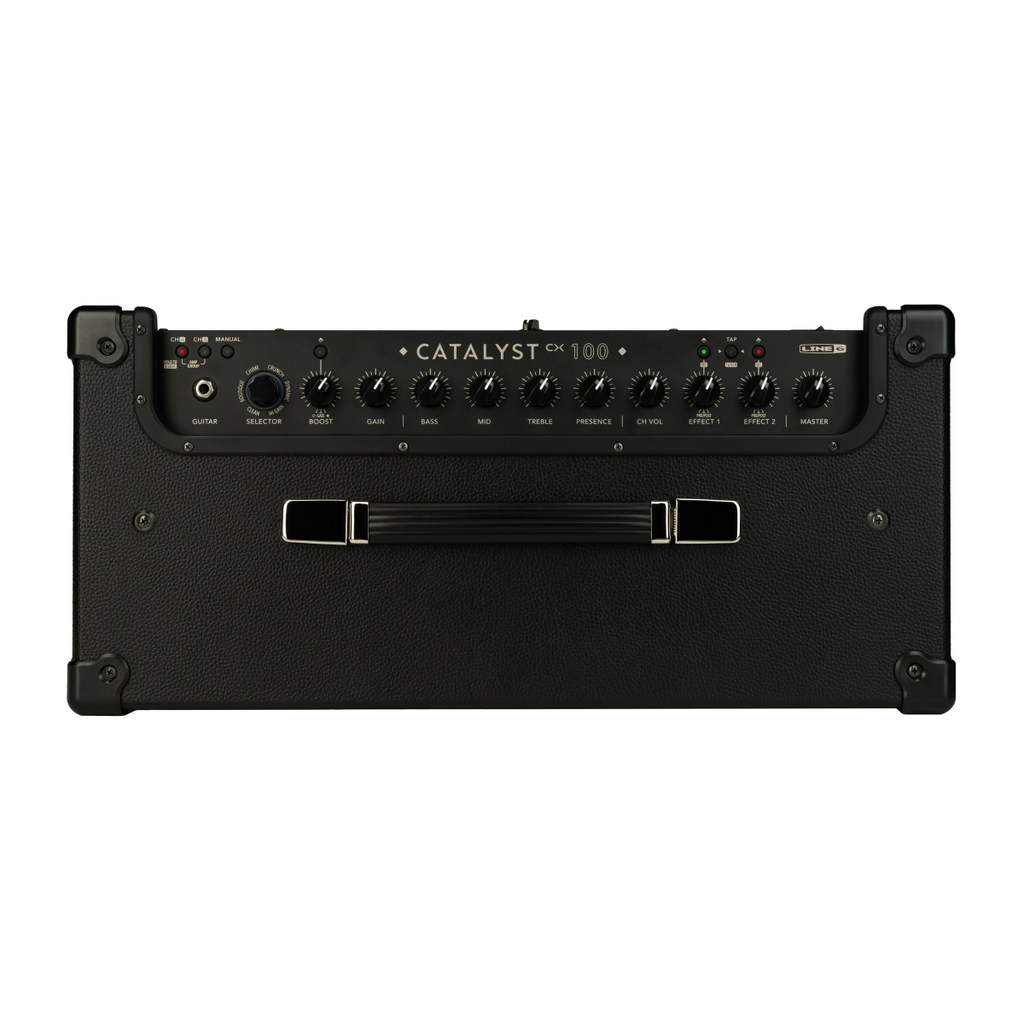 Line 6 Catalyst CX 100 guitar combo amplifier with control knobs and speaker grille, designed for electric guitar sound.