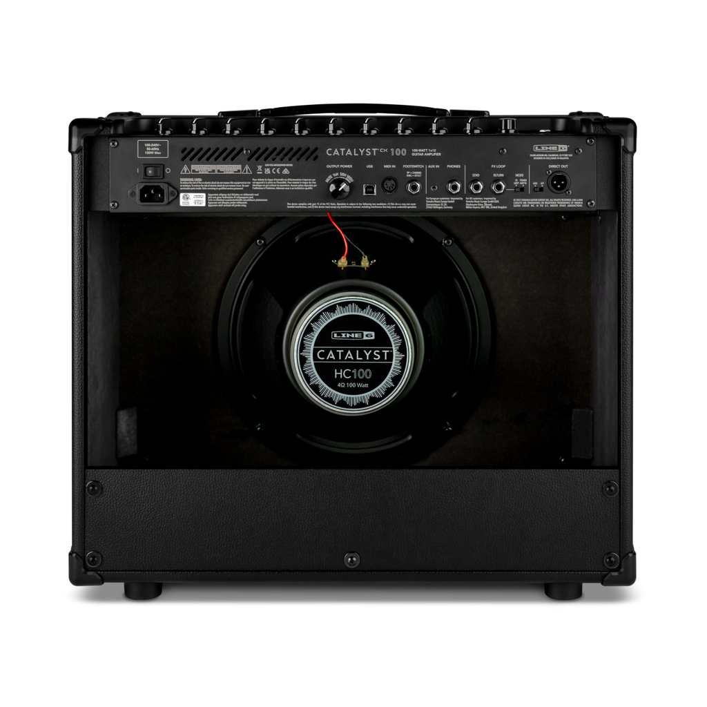 Line 6 Catalyst CX 100 guitar combo amplifier with control knobs and speaker grille, suitable for electric guitar practice and performance.