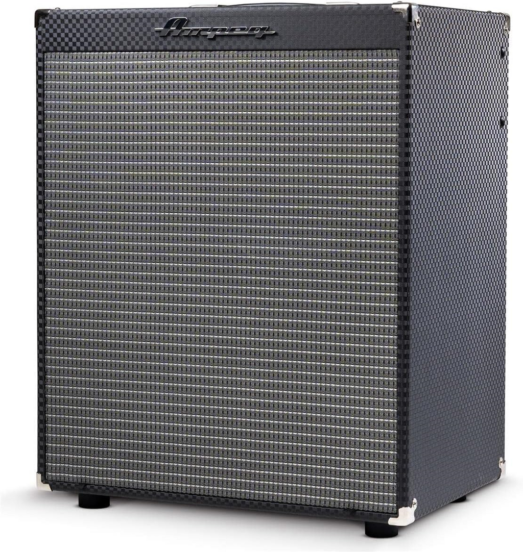 Ampeg Rocket Bass 210 bass amplifier combo with two 10-inch speakers and 500W power output, featuring control knobs and handle.